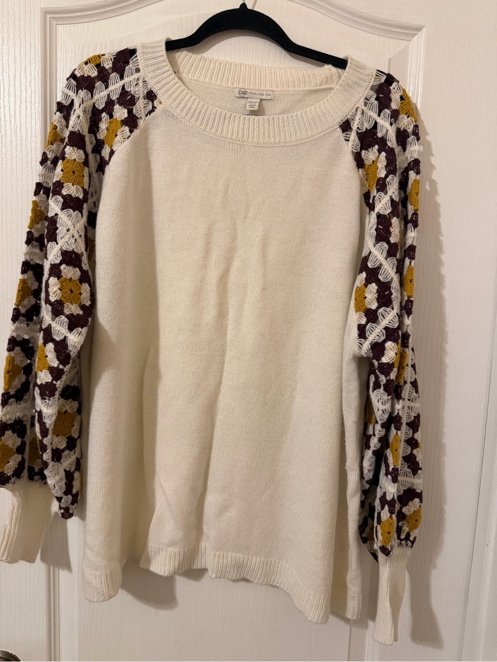 Cato Cream Sweater with Mustard and Plum Crochet Sleeves